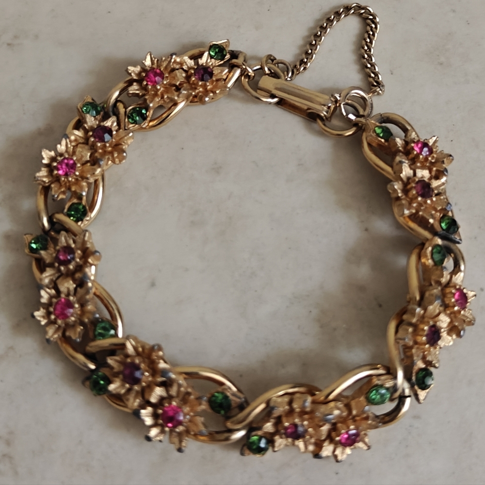 Vintage Signed Florenza Matte Gold Floral Bracelet With Multicolor Stones